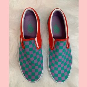 Vans Sea Green + Red Checked Slip Ons NWOT
